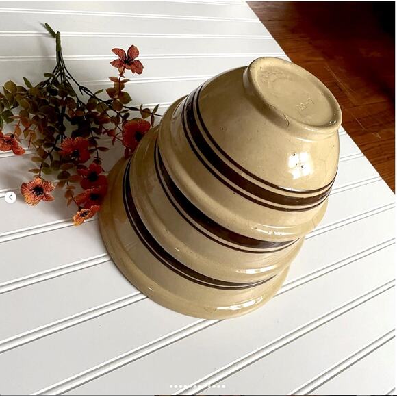 Antique 1930s Yellowware RRPC Ransbottom Mixing Bowl Brown Band Stripe SET of 3 - Picture 12 of 12
